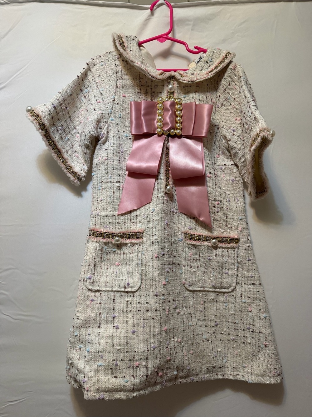Girls Cream Tweed Dress Coat with Pink Bow